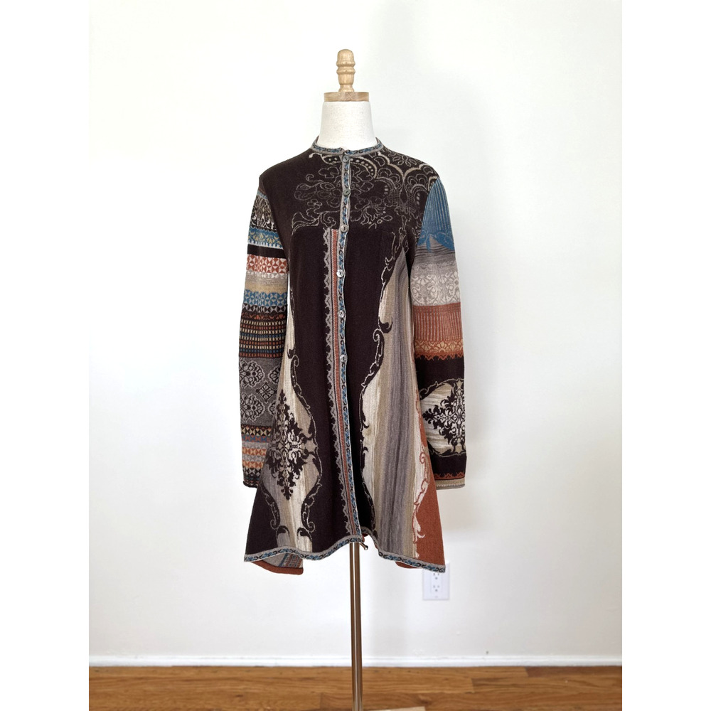 IVKO Printed Long Knit Jacket Cardigan Size 42 Colorful 100% Wool Artsy Bohemian